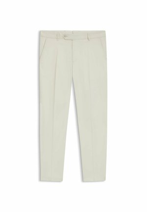 Beige tailored trousers with a flat front, two side pockets, and a buttoned waistband. Smooth texture and straight-leg design.