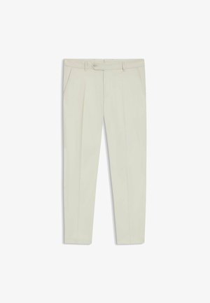 Beige tailored trousers with a flat front, two side pockets, and a buttoned waistband. Smooth texture and straight-leg design.