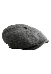 Grå ullmössa med rund form, med en knapp på toppen och en liten, böjd skärm, tillverkad av textil med synliga sömmar.