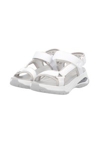 Sandales de sport blanches avec des straps en velcro, un design ouvert à l'avant, une semelle rembourrée et de subtils accents gris. Fabriquées en matériaux synthétiques.