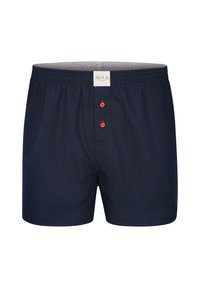 Boxer in cotone blu navy con elastico in vita, caratterizzati da un'apertura frontale con bottoni rossi. Texture semplice e liscia, senza motivi.