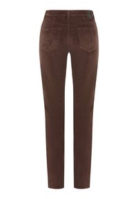 Pantaloni in velluto a coste marroni con vestibilità dritta, dotati di tre tasche posteriori e una texture liscia. Il cinturino include un'etichetta con il logo.