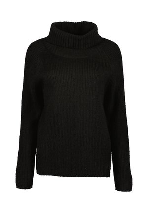 Sort langærmet strikket sweater med chunky fold-over rullekrave og ribbet tekstur, vist på hvid baggrund.