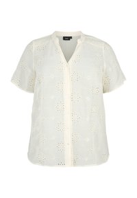 Šviesiai kreminė blusa su gėlių siuvinėjimu visame paviršiuje, trumpomis rankovėmis, mygtukiniu užsegimu priekyje ir mandarinio tipo apykakle.