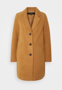Camel wool-blend coat featuring a notched collar, three brown buttons, two side pockets, and a straight silhouette. Smooth texture.