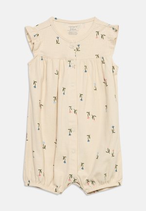 Cream-colored baby romper with small blue and pink flower prints, short ruffled sleeves, front buttons, and elasticized leg openings.