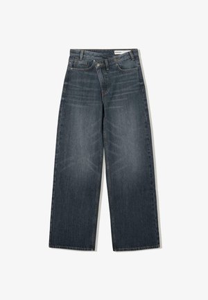 Mörk tvättade denimjeans med vida ben, hög midja, fem fickor och subtila slitningar framtill.