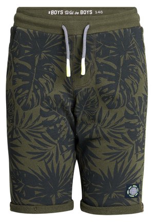 Drengebadeshorts med grøn og sort tropisk print med elastik i taljen, hvide og sorte snore samt patch-logo på venstre ben.