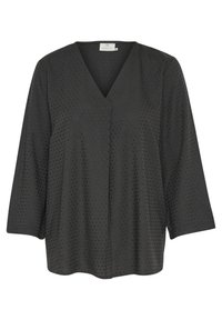 Černá blůza s výstřihem do V a tříčtvrtečními rukávy, se strukturovaným tečkovaným vzorem po celém povrchu. Volný střih s jemnou textilií.