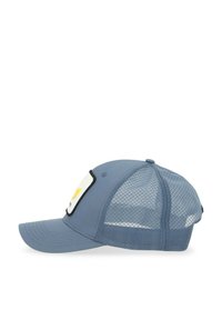 Blue cap with a mesh back, curved brim, and a front patch featuring a yellow graphic and black border. Includes adjustable strap.