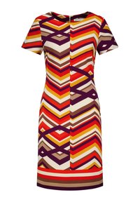 Korte mouwen jurk met een geometrisch zigzagpatroon in rood, geel, bruin en crème. Gladde stof met een ronde halslijn en een rits op de rug.