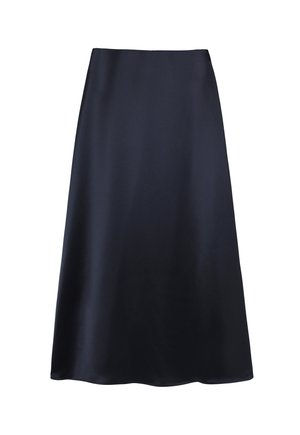 Una lunga gonna fluida realizzata in satin blu scuro, caratterizzata da una texture liscia e un design semplice e classico, senza motivi o dettagli visibili.