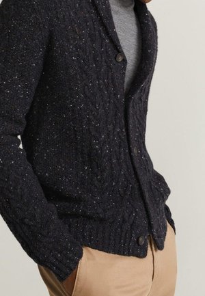 Mann trägt eine dunkelblaue, kabelgestrickte Strickjacke mit Knöpfen über einem grauen Hemd und beigen Hosen, Hände in den Taschen, vor einem schlichten Hintergrund.