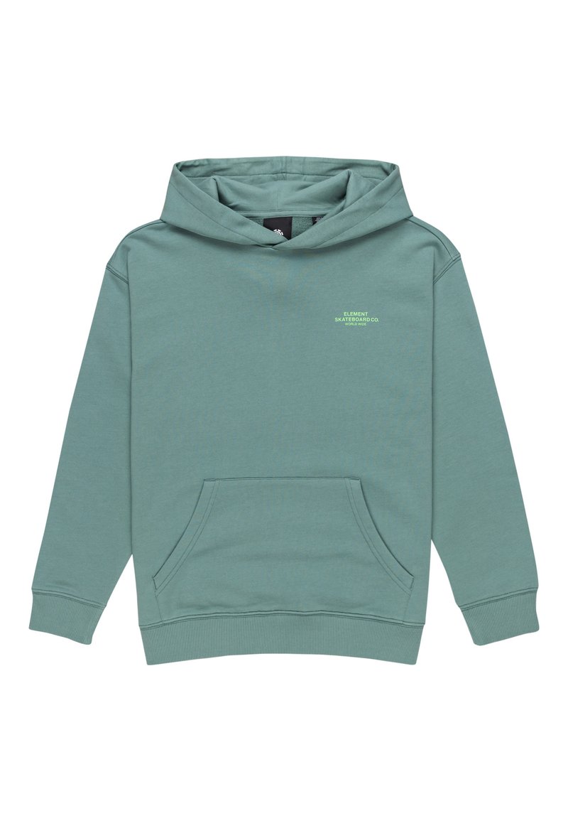 Hoodie i dämpad grön färg, tillverkad av mjuk bomull, med en framficka och en liten tryckt logotyp i ljusgrönt på bröstet.