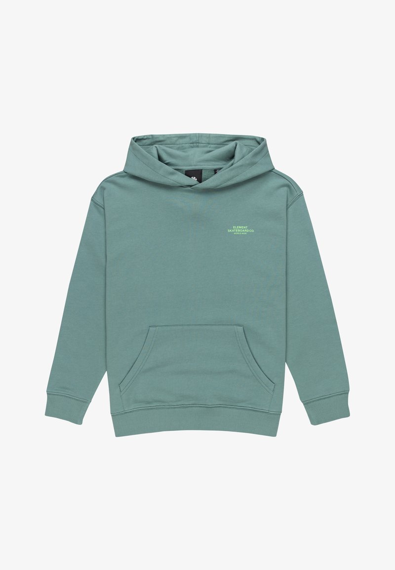 Felpa con cappuccio in verde spento, realizzata in morbido cotone, con tasca frontale e piccolo logo stampato in verde chiaro sul petto.