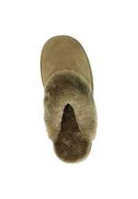 Kastanjebruine suède pantoffel met een brede, open teendesign. Beschikt over een zachte, pluizige bontvoering en een platte zool voor comfort. Geen zichtbare hardware.