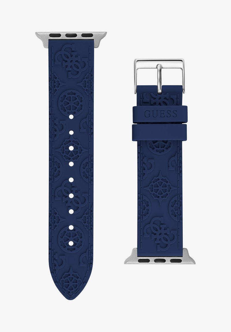 Bracelet de montre en silicone bleu marine avec des motifs géométriques en relief, quincaillerie en métal argenté et plusieurs trous d'ajustement pour un bon ajustement.