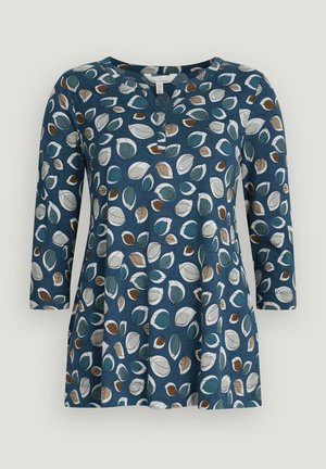 Marineblaues Langarm-Tunika mit einem gemusterten Design aus abstrakten Blättern in Teal, Weiß und Braun. Verfügt über einen runden Ausschnitt und eine ausgestellte Form.