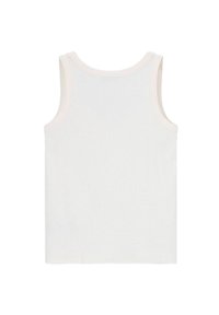 Witte katoenen tanktop met ribbelstructuur, ronde halslijn en lichtroze biezen langs de randen. Achteraan zijn er geen extra details zichtbaar.