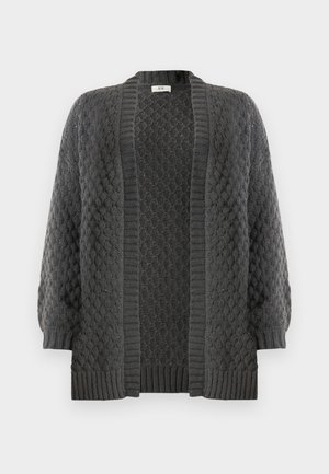 Cardigan tricotat cu deschidere în față, de culoare gri închis; dispune de un model texturat în diamant, manșete și tiv ribbed, cu umeri lăsați pentru o potrivire relaxată.