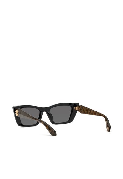 Black rectangular sunglasses with dark lenses and brown striped arms featuring small gold lion head details near the hinges.