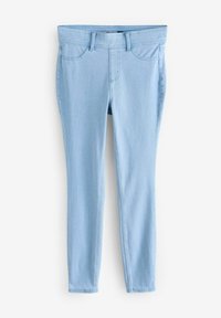 Jeggings de algodón azul claro con cinco bolsillos, trabillas para cinturón y costuras a la vista, que presentan un corte ajustado y una textura suave.