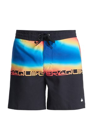 Moške kopalne kratke hlače s prelivom modre, rumene in oranžne, z črnim pasom in večbarvnim tiskom logotipa vzdolž spodnjega roba.