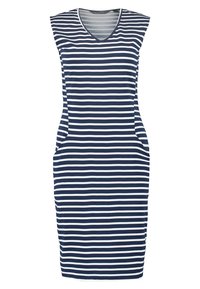 Ärmlös knälång klänning med marinblå och vita horisontella ränder och V-urringning, med sidfickor och en figurnära silhuett.