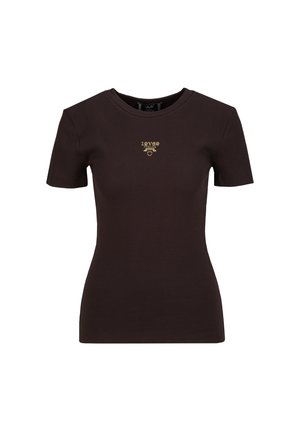Dunkelbraunes, kurzärmeliges, tailliertes T-Shirt mit kleinem goldenem Schriftzug und Emblem, mittig auf der Brust.