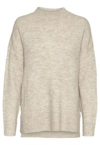 Light beige knit sweater with a high neckline, dropped shoulders, ribbed cuffs, and hem. Fabric shows a soft, textured finish.