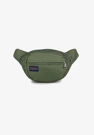 Banane JanSport vert olive avec poche zippée à l'avant, fermeture principale zippée et sangles latérales ajustables.