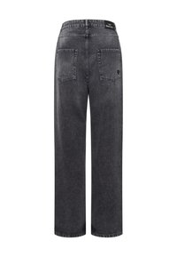 Graue Jeansweite-Bein-Hosen mit hoher Taille, ausgestattet mit zwei Gesäßtaschen und einem Logo-Gummibund. Gewebter Stoff mit leichtem Glanz.