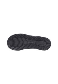 Suola di scarpa nera con gomma testurizzata per una migliore aderenza. Presenta un motivo scanalato e un marchio in rilievo. Design piatto ed ergonomico.