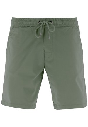 Olive green swim shorts made of lightweight fabric, featuring an elastic waistband with a drawstring and side pockets.
