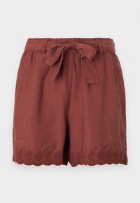 Shorts color ruggine realizzati in tessuto leggero, con una vita elasticizzata e un laccetto, e un intricato ricamo a scallop lungo l'orlo.