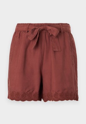 Rustfargede shorts laget av lett stoff, med elastisk midje og snøring, samt intrikat bølget broderi ved kanten.