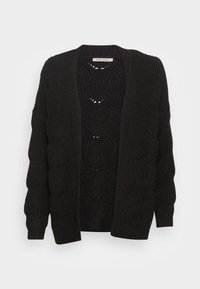 Cardigan nero lavorato a maglia con apertura frontale, caratterizzato da un motivo testurizzato e maniche lunghe. Tessuto leggero con vestibilità casual.
