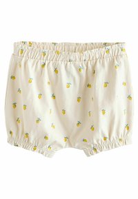 Lichtgekleurde katoenen shorts met een elastische tailleband, voorzien van een herhaald patroon van kleine gele citroenen met blauwe bladeren.