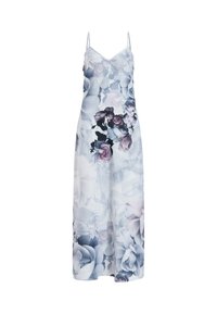 Blommig mönstrad klänning med smala axelremmar i pastellfärger och en flytande design. Tillverkad av lätt tyg med en mjuk textur.