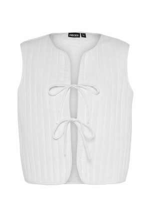 Bílý bezrukávový top s výstřihem do V, strukturovaný vertikálními pruhy. Obsahuje přední zavazování vyrobené z měkkého materiálu.