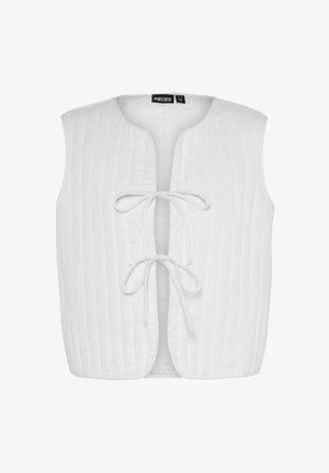 Bílý bezrukávový top s výstřihem do V, strukturovaný vertikálními pruhy. Obsahuje přední zavazování vyrobené z měkkého materiálu.
