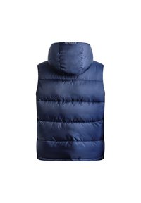 Chaleco acolchado azul marino con capucha, con secciones acolchadas horizontales y un logo en la parte posterior. Fabricado en material suave y ligero.
