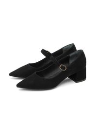 Black suede Mary Jane shoes featuring a pointed toe, ankle strap with a gold buckle, and a mid-height block heel.