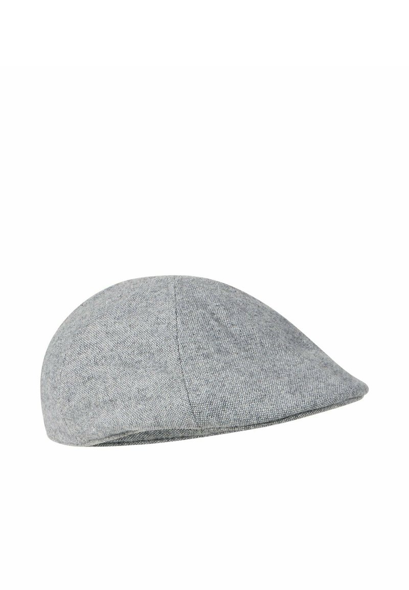 Gray flat cap made of textured fabric, featuring a rounded crown and a short, stiff brim with a seamless design.