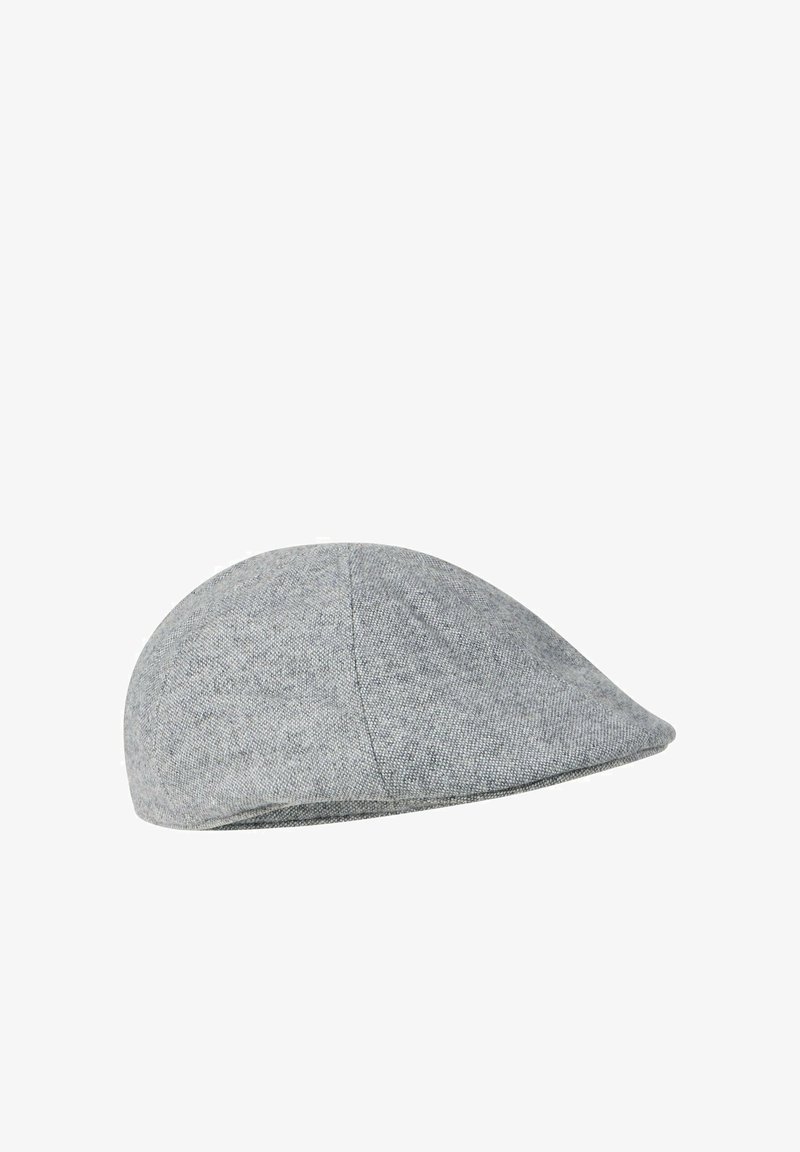 Szara czapka typu flat cap wykonana z teksturowanej tkaniny, z zaokrągloną koroną i krótkim, sztywnym daszkiem o bezszwowym designie.