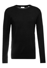 Schwarzer Langarm-crewneck-Pullover mit einem kleinen gestickten Logo auf der linken Brust.