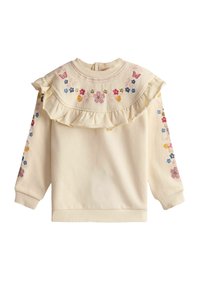Cremfarbener Pullover mit Rüsche am Kragen, floraler Stickerei in Pink, Blau und Gelb. Lange Ärmel mit ähnlichen Blumenmustern.
