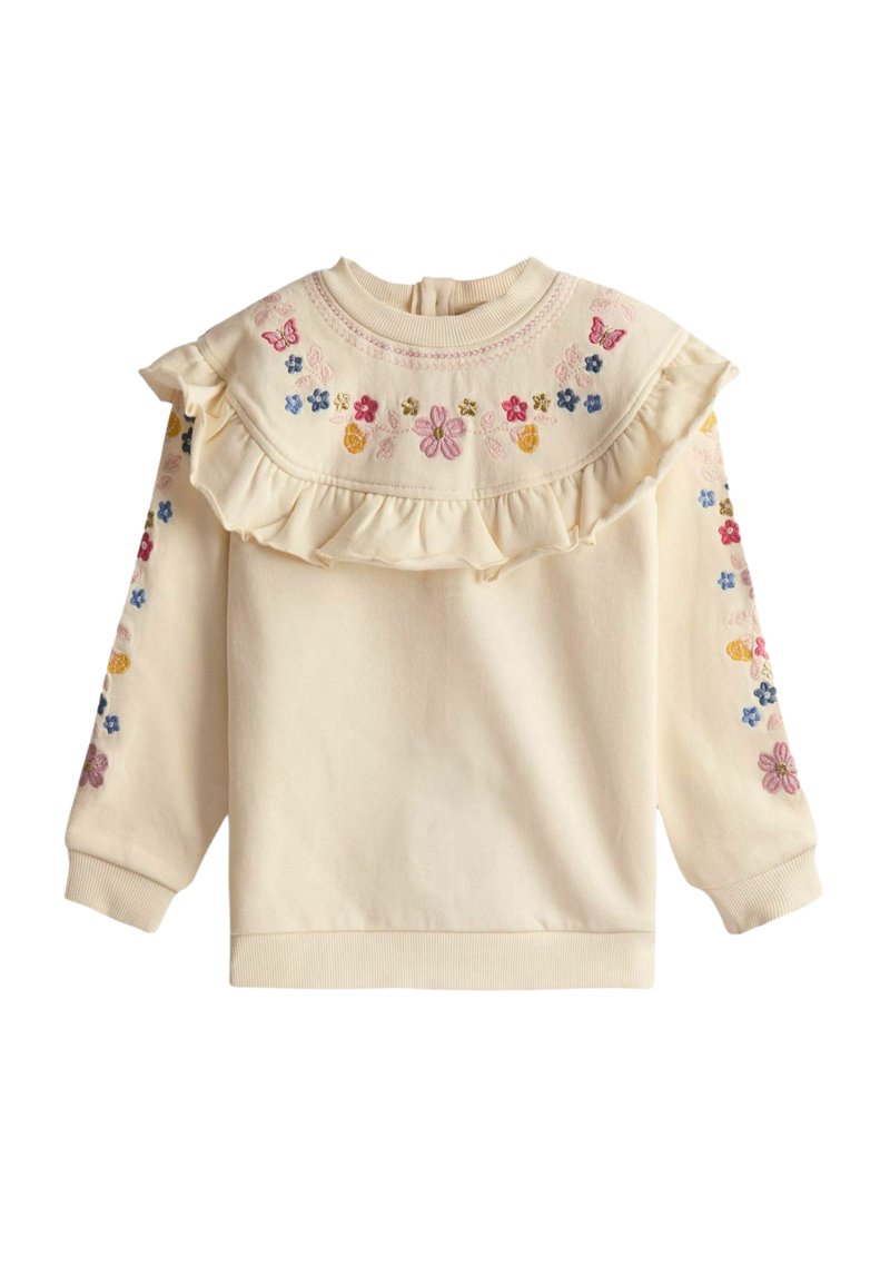 Cremfarbener Pullover mit Rüsche am Kragen, floraler Stickerei in Pink, Blau und Gelb. Lange Ärmel mit ähnlichen Blumenmustern.