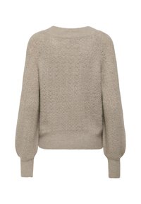 Pull en tricot beige avec un motif en chevrons texturé, col rond et manches bouffantes. Bord-côte au bas et aux poignets.
