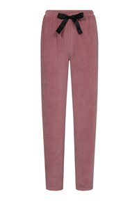 Pink velour joggers with a black satin drawstring waist, tapered leg, and soft, smooth texture. No visible pockets or embellishments.
